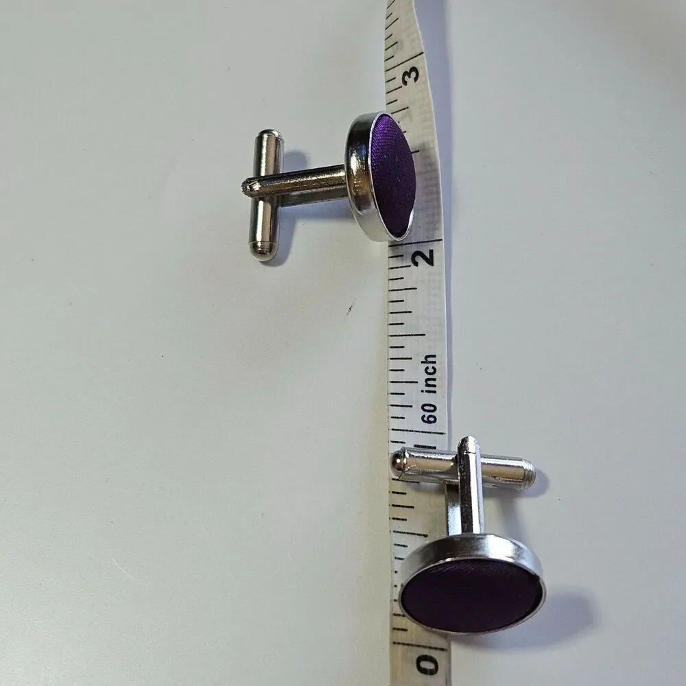 Silver tone purple fabric cufflinks